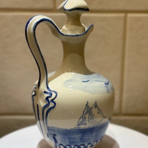 Hand Painted Cruet Wine Pitcher with stopper sailboats Blue/White Made in France - Picture 5 of 8